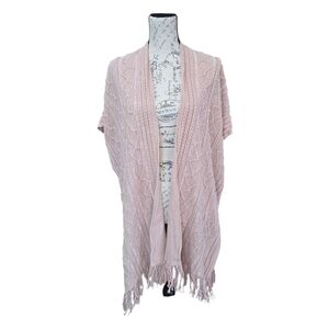 LVS Collection Soft Pink Kimono Style Fringe Sweater Poncho OS
